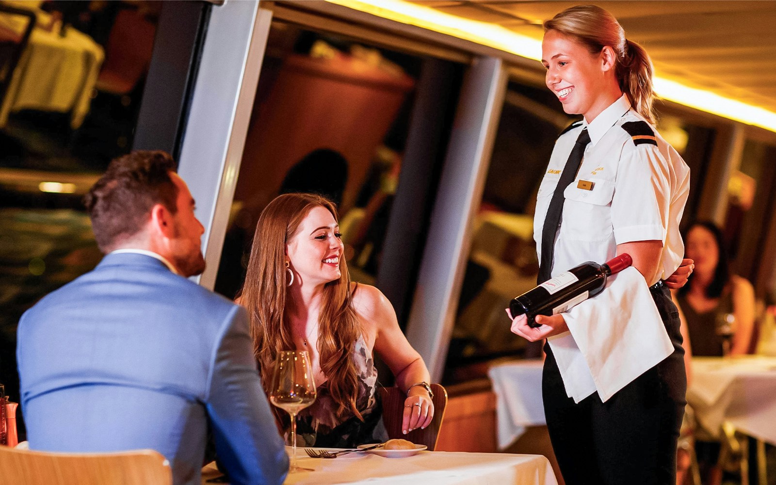 Seating areas inside the cruise