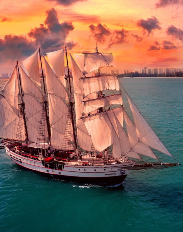 Sailing ship Royal Albatross at sunset near city skyline.