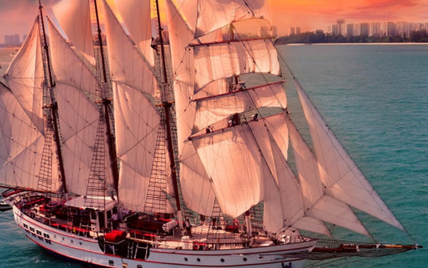 Sailing ship Royal Albatross at sunset near city skyline.