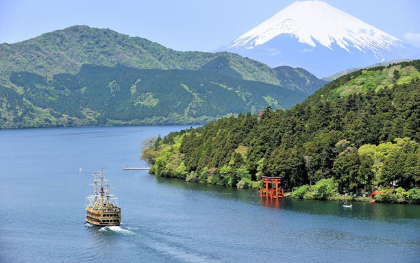 Pirate ship on Lake Ashi with Mount Fuji and torii gate in the background.