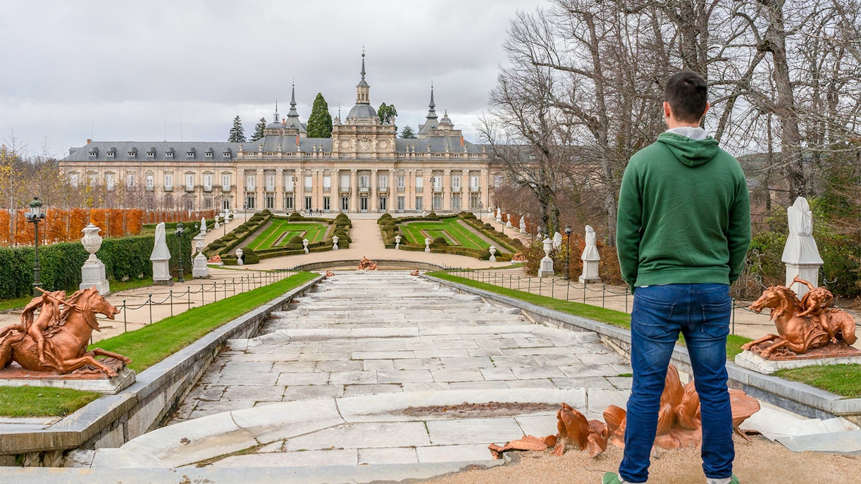 Royal Palace of La Granja de San Ildefonso with ornate gardens and fountains in Segovia, Spain.
