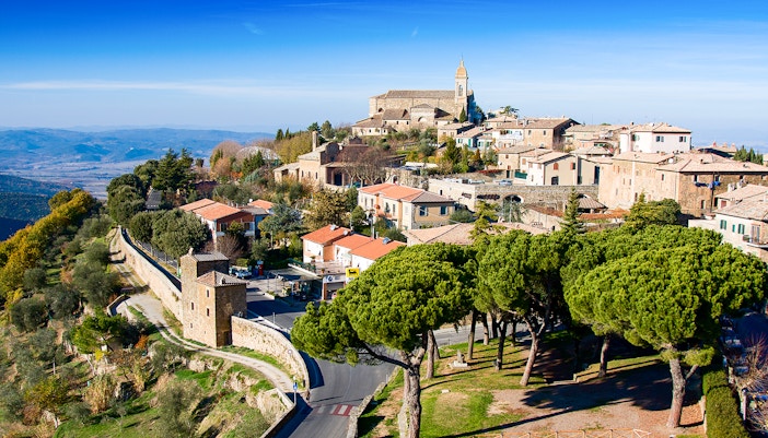 Montalcino vineyard landscape with rolling hills and cypress trees in Tuscany, Italy.