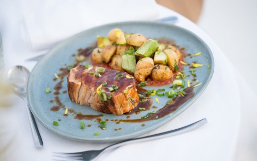 Seared meat with sauce and vegetables on a plate, served on Le Diamant Bleu Seine River cruise.
