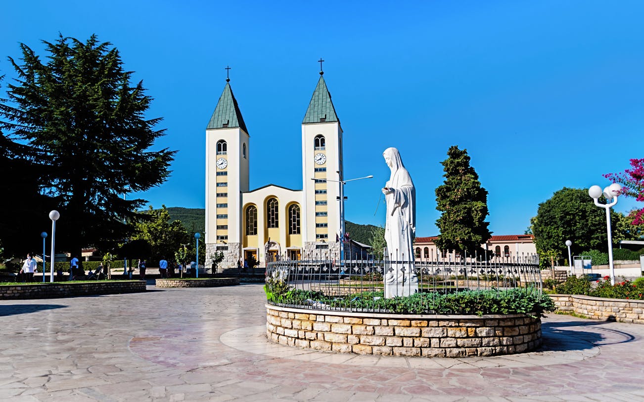 The Great Church of Saint James with statue in Medjugorje, Bosnia and Herzegovina.