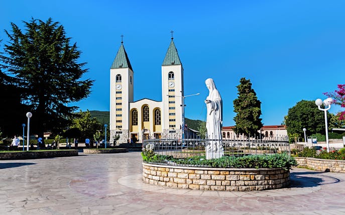 The Great Church of Saint James with statue in Medjugorje, Bosnia and Herzegovina.