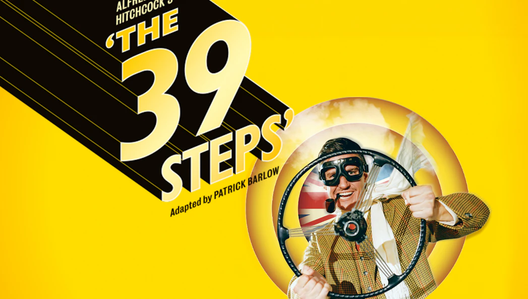 The 39 Steps" play poster with a man in goggles holding a steering wheel.
