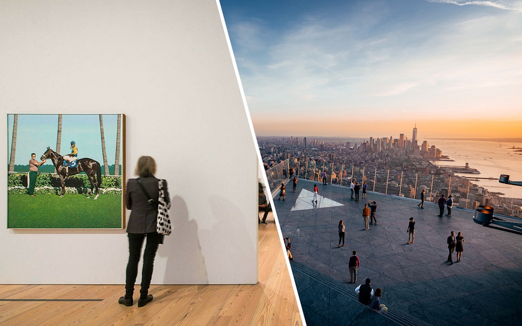 Whitney Museum visitor viewing art and people at Edge Observation Deck with NYC skyline.