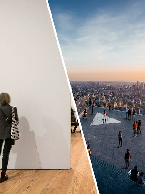Whitney Museum visitor viewing art and people at Edge Observation Deck with NYC skyline.