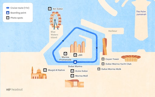 Dhow cruise tour map highlighting Dubai Marina, Blue Waters Island, and The Palm Jumeirah.