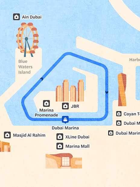 Dhow cruise tour map highlighting Dubai Marina, Blue Waters Island, and The Palm Jumeirah.