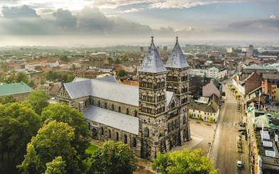 Lund Cathedral aerial view with surrounding cityscape in Lund, Sweden.