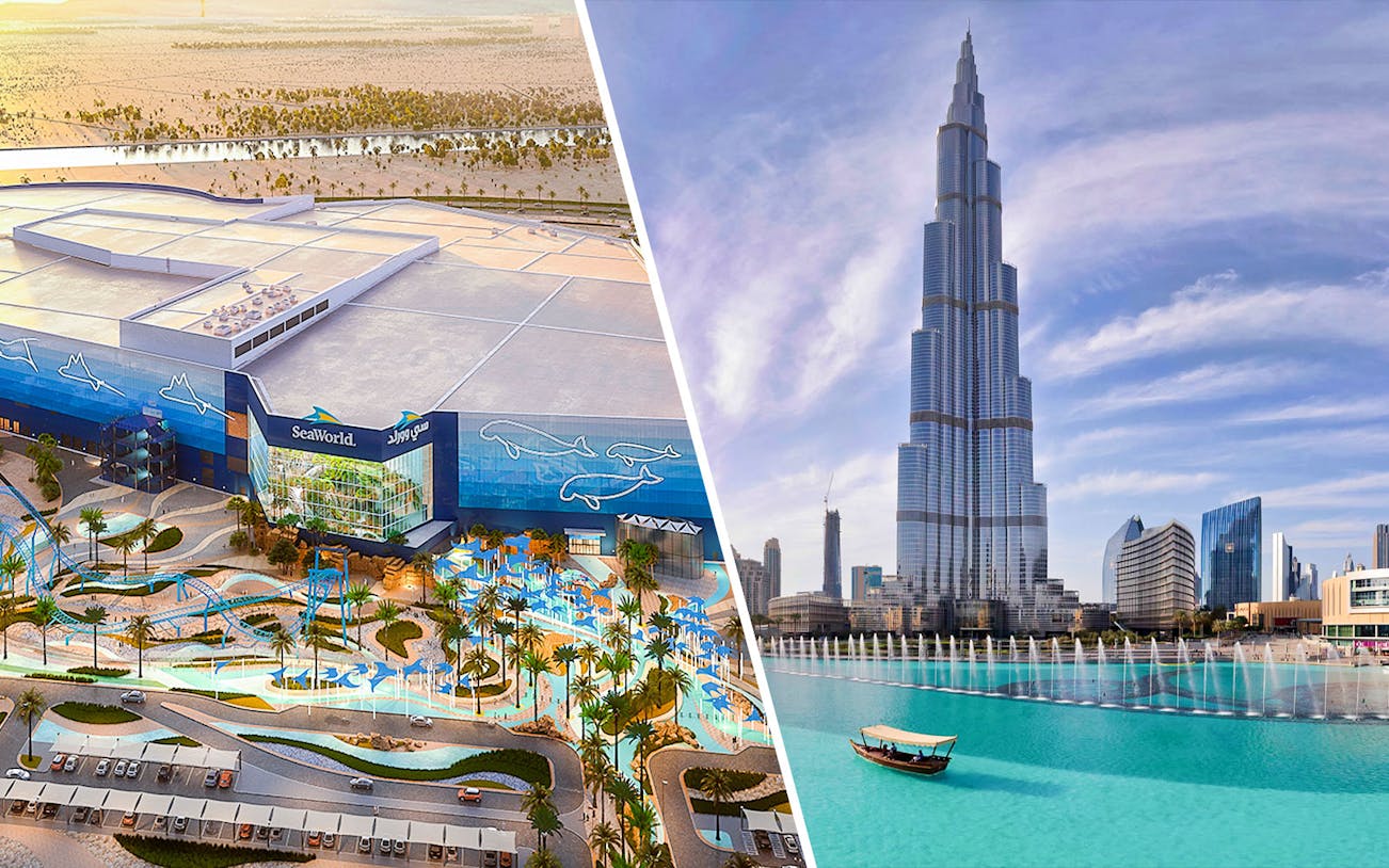 Sea World Abu Dhabi exterior with Burj Khalifa in the background.