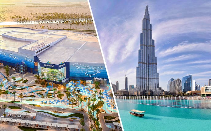 Sea World Abu Dhabi exterior with Burj Khalifa in the background.