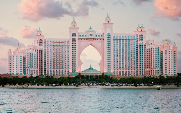 Atlantis The Palm hotel view from the water during Dubai sightseeing boat tour.