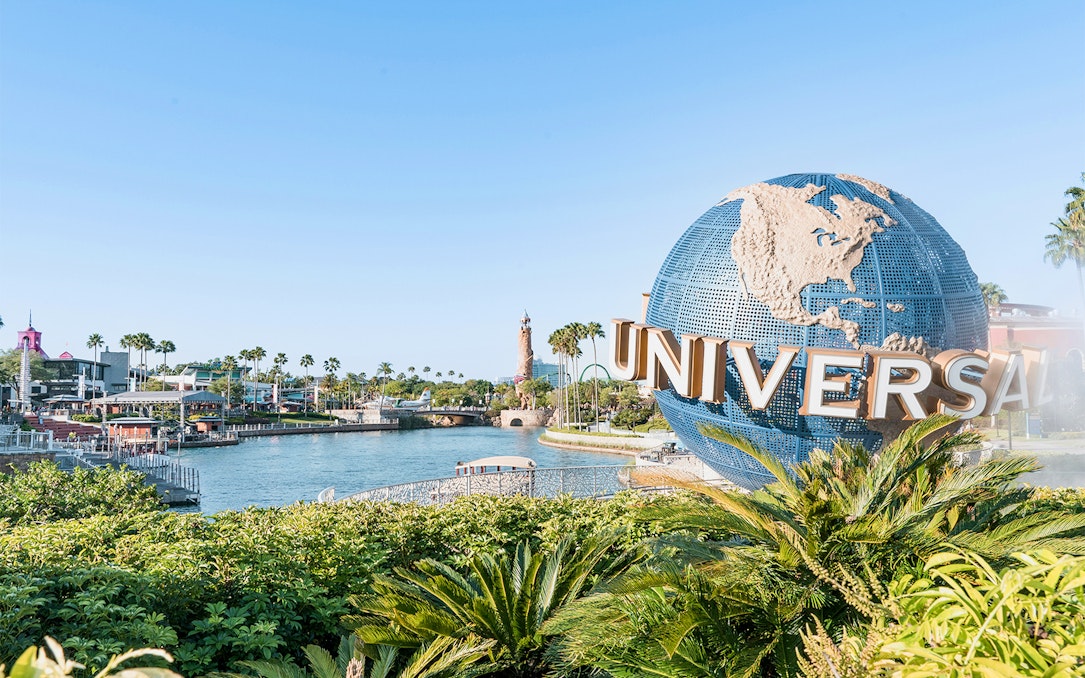 Universal Globe at Universal Studios Orlando with park view.