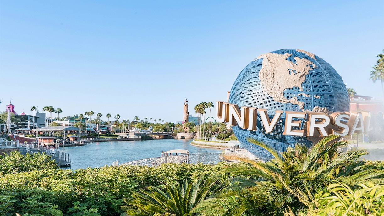 Universal Globe at Universal Studios Orlando with park view.