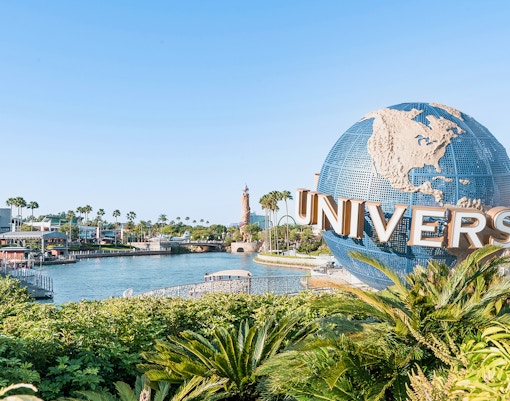 Universal Globe at Universal Studios Orlando with park view.