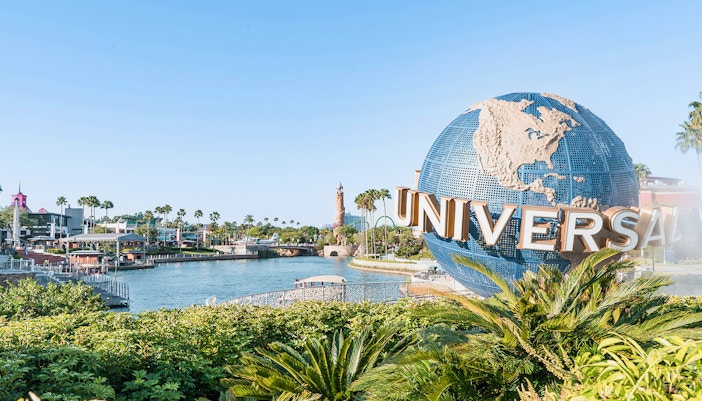 Universal Globe at Universal Studios Orlando with park view.