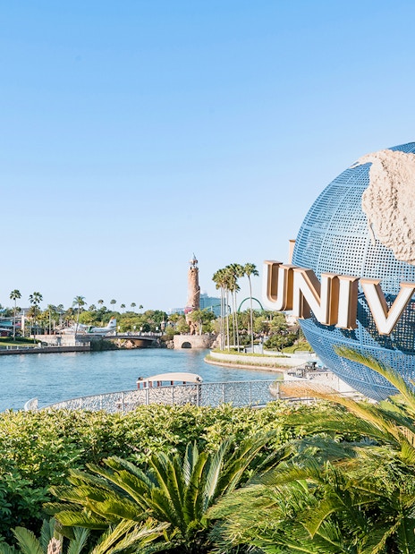 Universal Globe at Universal Studios Orlando with park view.