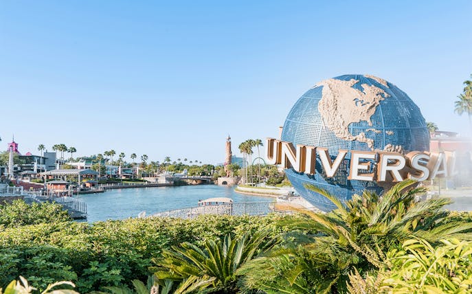 Universal Globe at Universal Studios Orlando with park view.