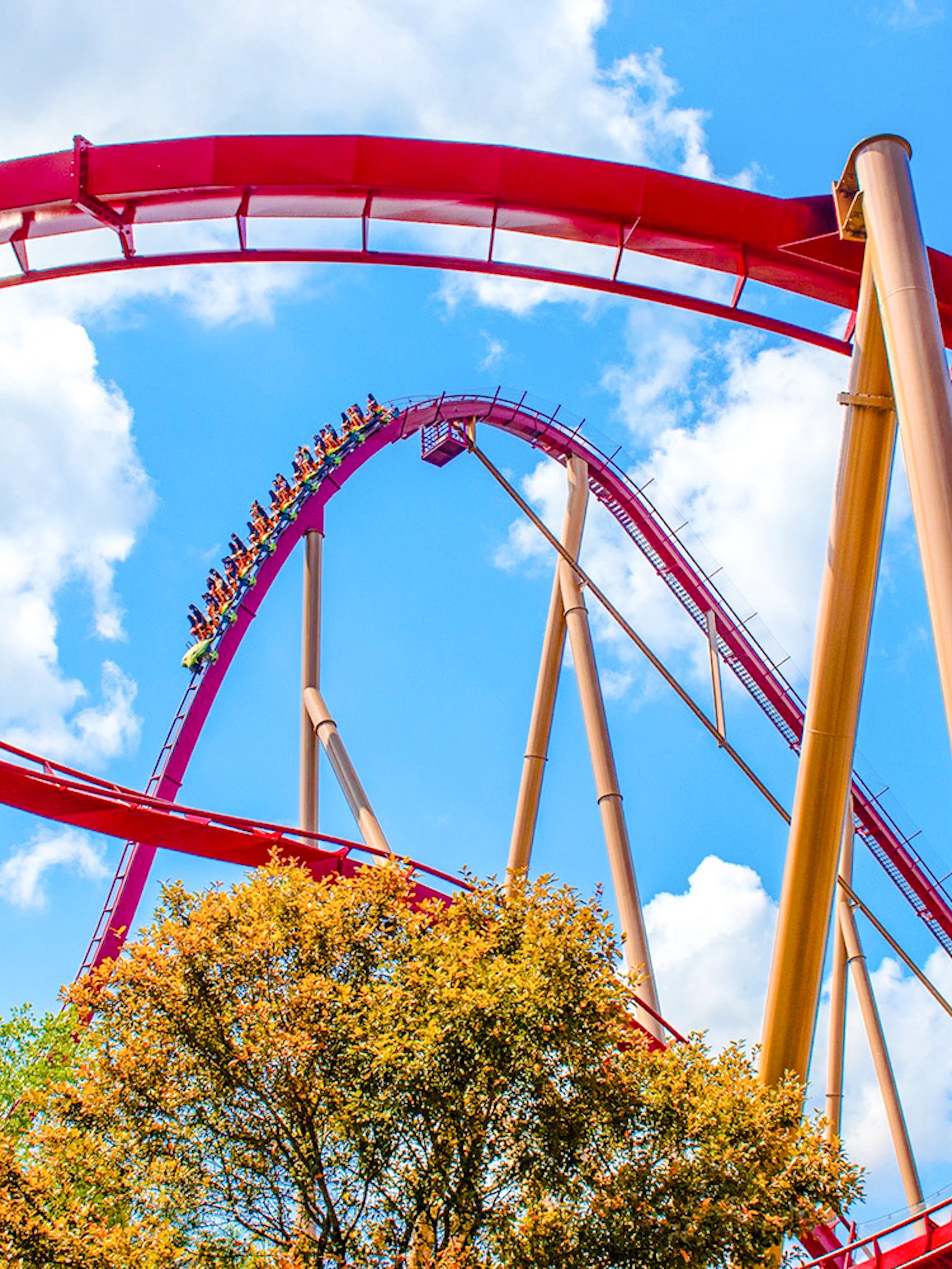 Roller coaster loop at Diamondback, Kings Island against blue sky.