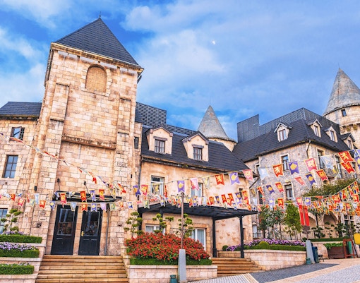 Ancient stone houses in French village, Ba Na Hills Park, Da Nang, Vietnam.