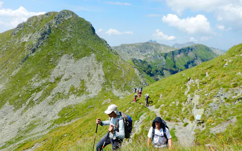 Trekking group on a mountain trail in the Făgăraș Mountains, Brasov.