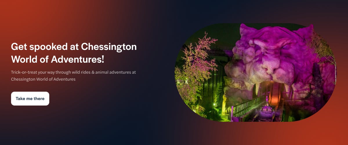 Chessington World of Adventures Halloween entrance with illuminated lion face.