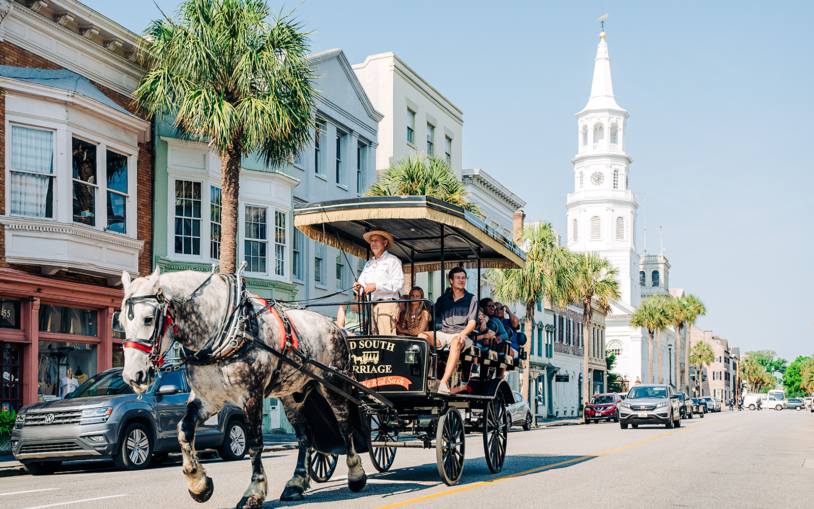 Charleston horse-drawn carriage tour passing historic buildings and palm trees.