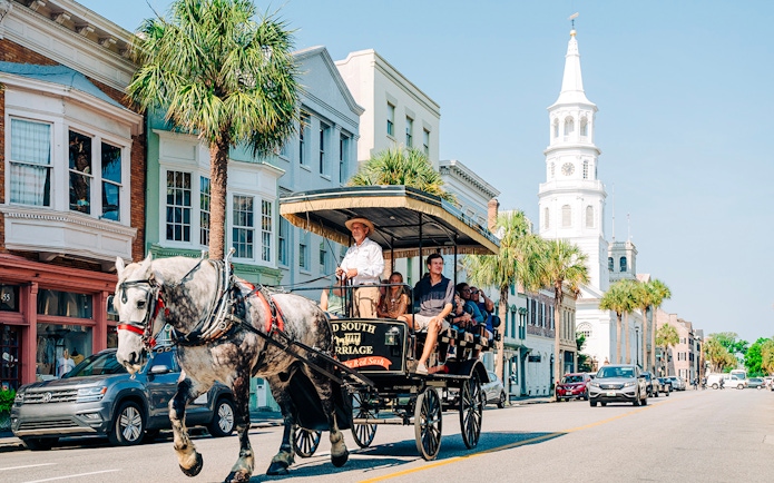 Charleston horse-drawn carriage tour passing historic buildings and palm trees.