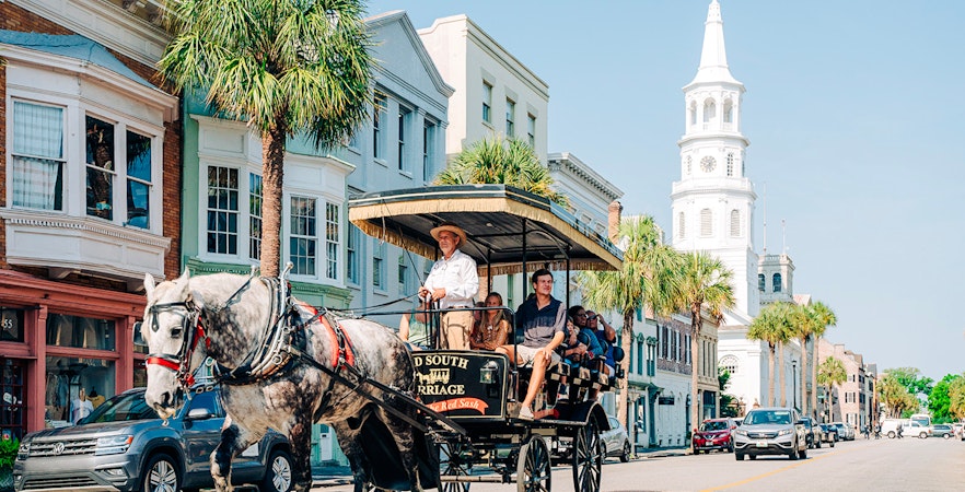 Charleston horse-drawn carriage tour passing historic buildings and palm trees.