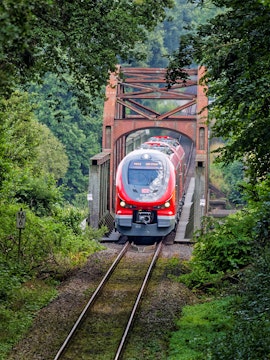 Red train crossing a bridge in a lush forest, Germany, showcasing the Interrail Pass experience.