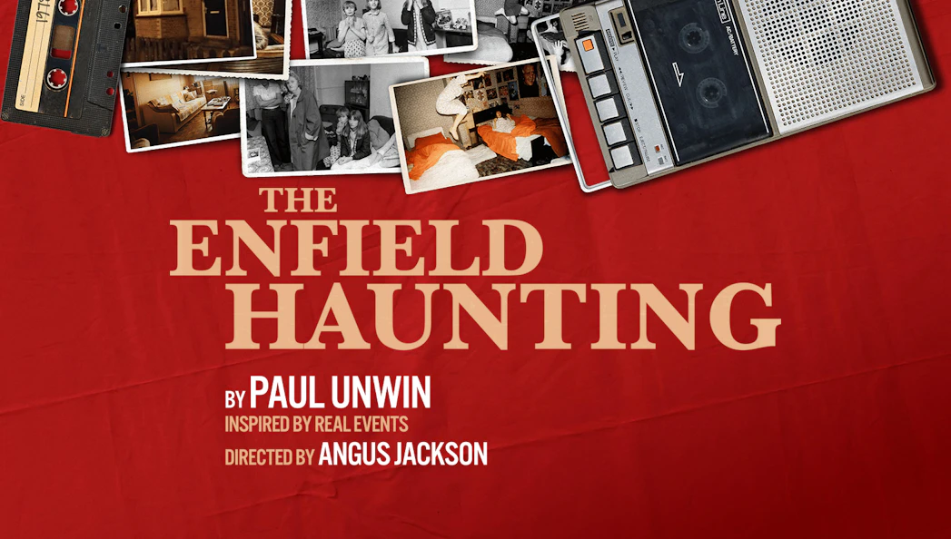 The Enfield Haunting promotional collage with vintage photos and audio equipment.