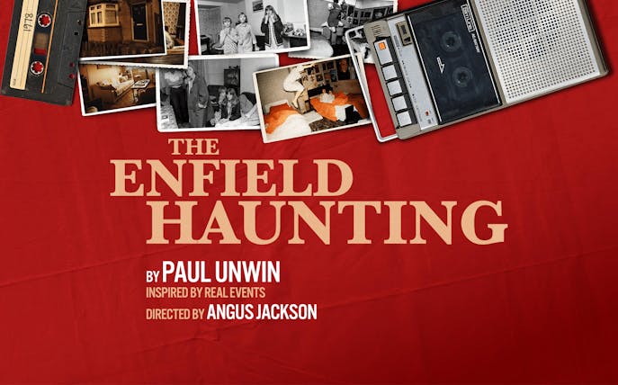 The Enfield Haunting promotional collage with vintage photos and audio equipment.