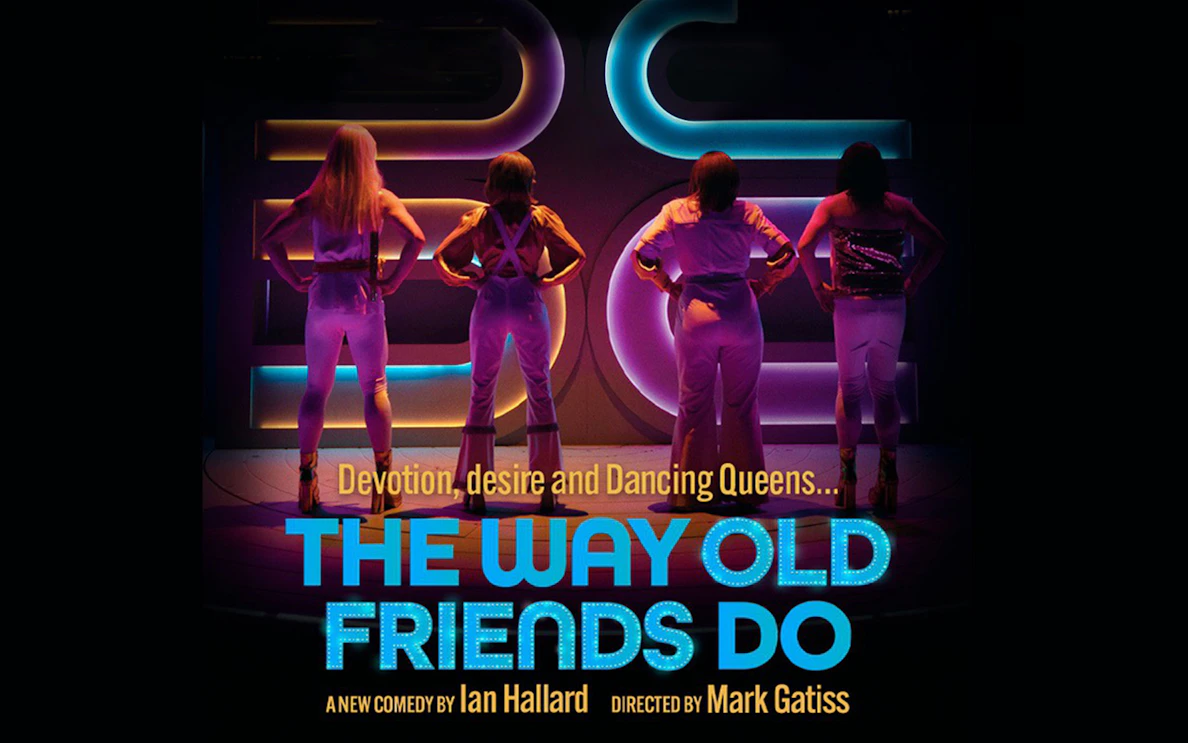Performers on stage in colorful lighting for "The Way Old Friends Do" comedy show.
