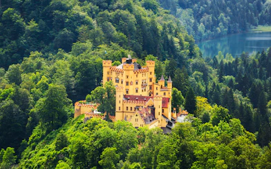 Hohenschwangau Castle surrounded by lush forest, Bavaria, Germany.