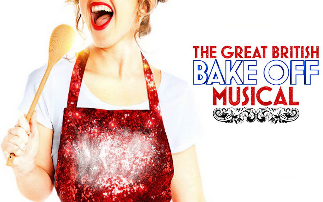 Person in red apron holding wooden spoon, promoting The Great British Bake Off Musical.