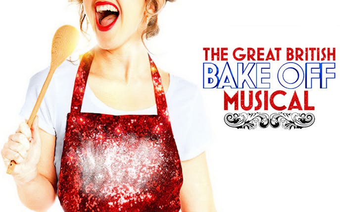 Person in red apron holding wooden spoon, promoting The Great British Bake Off Musical.