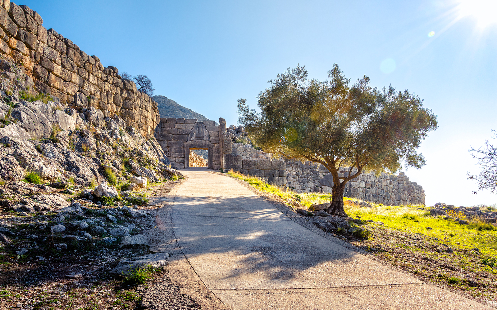 Path leading to the Lions Gate at the archaeological site of Mycenae, Greece.