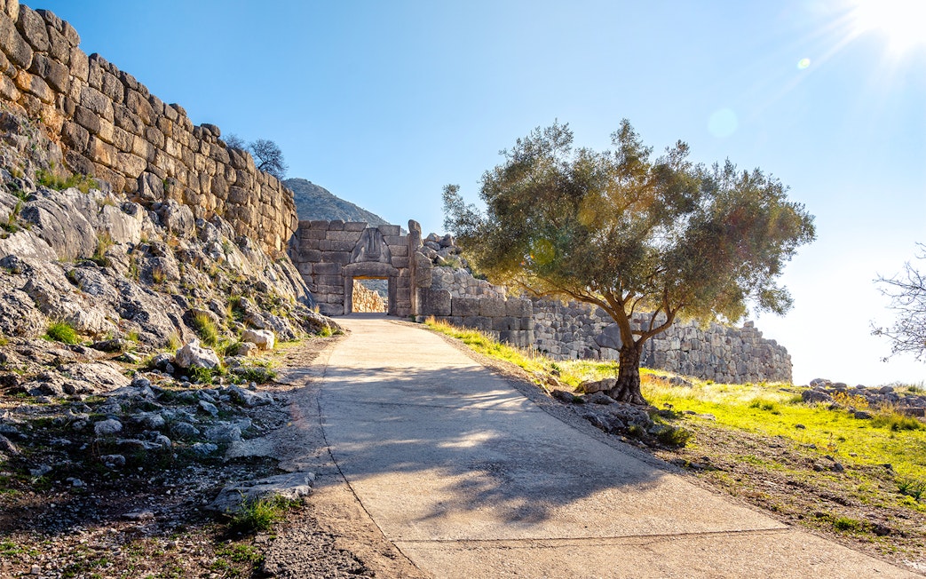Path leading to the Lions Gate at the archaeological site of Mycenae, Greece.