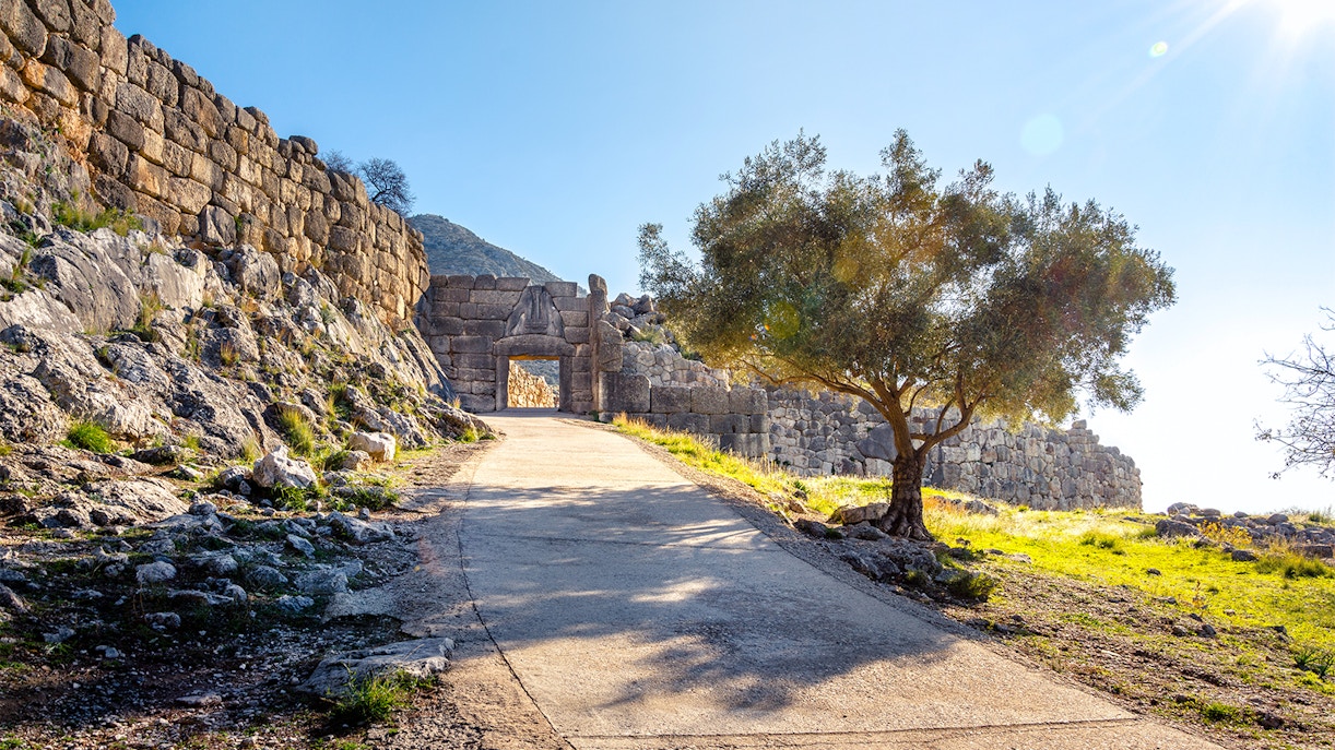 Path leading to the Lions Gate at the archaeological site of Mycenae, Greece.