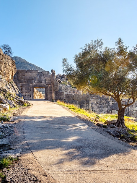 Path leading to the Lions Gate at the archaeological site of Mycenae, Greece.