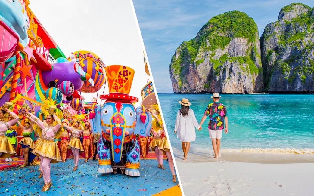 Carnival parade with dancers and colorful floats; couple walking on Phi Phi Island beach.