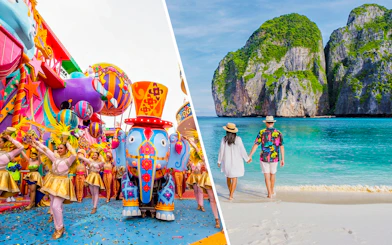 Carnival parade with dancers and colorful floats; couple walking on Phi Phi Island beach.
