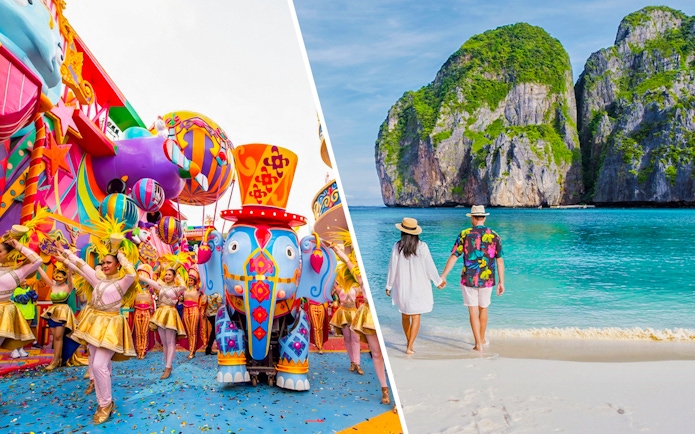 Carnival parade with dancers and colorful floats; couple walking on Phi Phi Island beach.