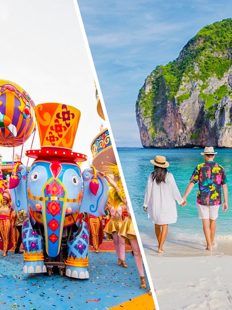 Carnival parade with dancers and colorful floats; couple walking on Phi Phi Island beach.