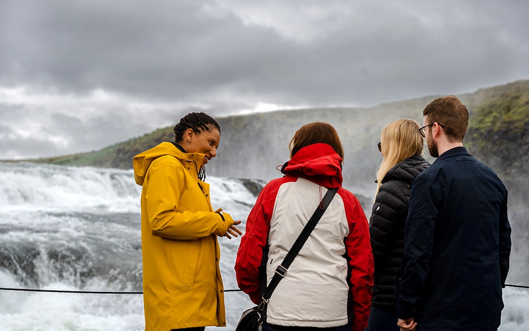 Tour group at Gullfoss waterfall on Golden Circle tour from Reykjavik.