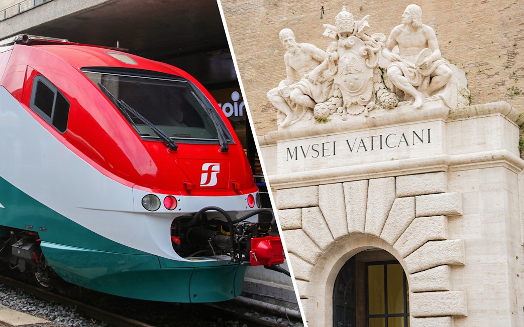 Leonardo Express train and Vatican Museums entrance in Rome.
