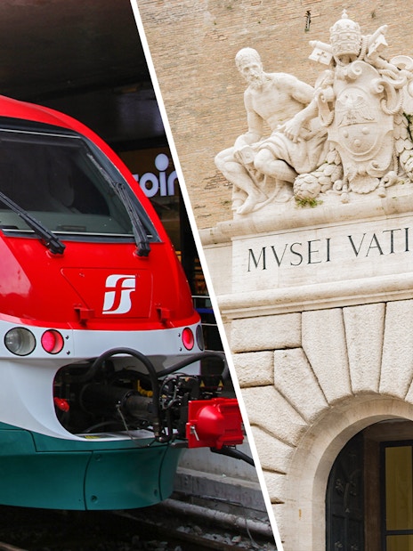 Leonardo Express train and Vatican Museums entrance in Rome.