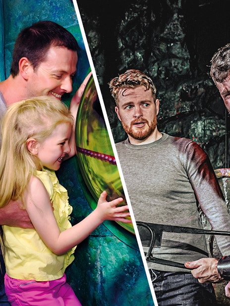Father and daughter at aquarium exhibit; actors in medieval-themed performance.